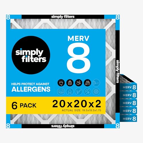 Simply 20x20x2 Air Filter, MERV 8, 6 Pack, Furnace Air Filter for HVAC (Actual Size:19.5'x19.5'x1.75') DUST, Pet, & Allergy Control