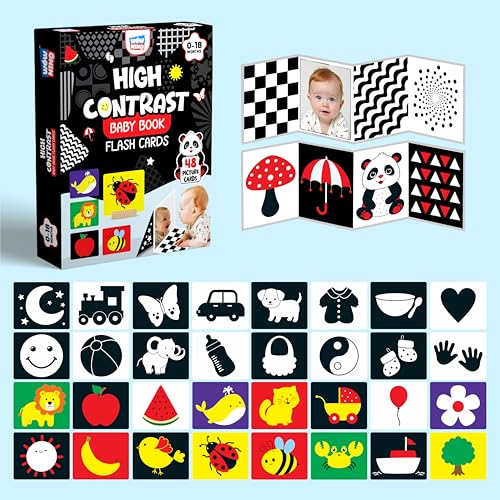 Image of High Contrast Flash Cards Busy Book for Newborn Babies | 2 Carousel + 32 Object Cards + 2 Stands | Visual & Sensory Stimulation, Tummy Time Toy for Infant Child Age 0, 3, 6, 12, 18 Months