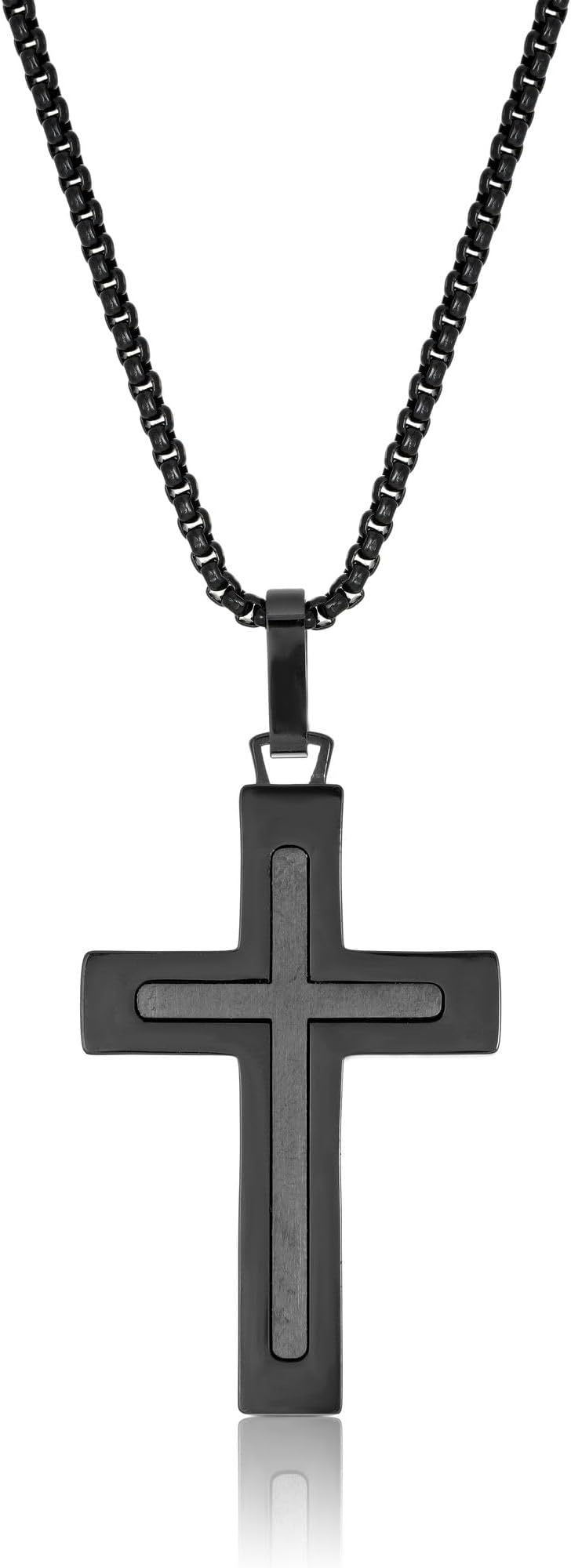 Metro Jewelry Layered Cross Pendant Necklace for Men in Stainless Steel with Black Ion Plating 24 Inches Round Box Chain 2 mm Wide Lobster Claw