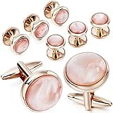 Cufflinks and tuxedo studs Set for Men with Gift Box, Rose Gold Tone Mother-of-Pearl Cuff links for French Cuff Shirt and Dress Shirt, Suitable for Wedding, Birthday, Party, Anniversary