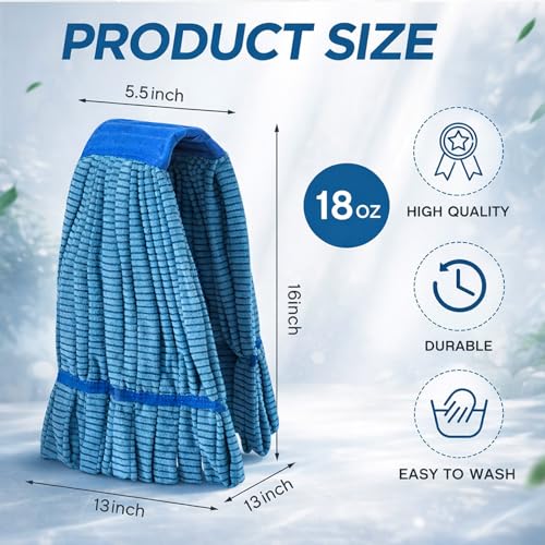 Image of Hushee 1 Pack Large Microfiber Tube Mop Heads 18 oz Heavy Duty Commercial Industrial Wet Mop Head Refill Reusable Machine Washable Looped End Mopheads for Hardwood, Tile, Laminate Floors (Blue)