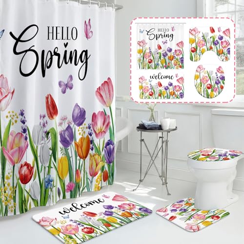 Moukeren 4 Pcs Spring Shower Curtain Decor Sets Hello Spring Tulip Rug Bath Mat Toilet Lid Cover Waterproof Shower Curtain Floral Decorations with 12 Hooks for Bathroom