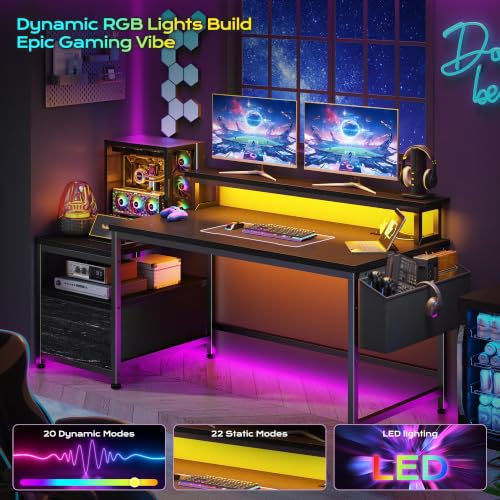 Image of EnHomee 56.5 inch Office Desk with Drawers & Printer Space for Home Work,Black | Computer Desk with 3 AC Outlets& 2 USB Ports,Waterproof LED Strip Lights,Monitor Stand & Side Pockets,Home Office,Bedroom
