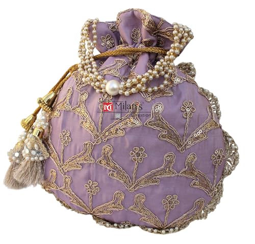Image of MILAN'S CREATION Fancy Potli Bag Golden Embroidery Shimmer Silk Designer Purse Drawstring Purse With Pearl Handle & Tassel | Ladies Women's Handbag | Party Wedding Festival Giveaways Gift