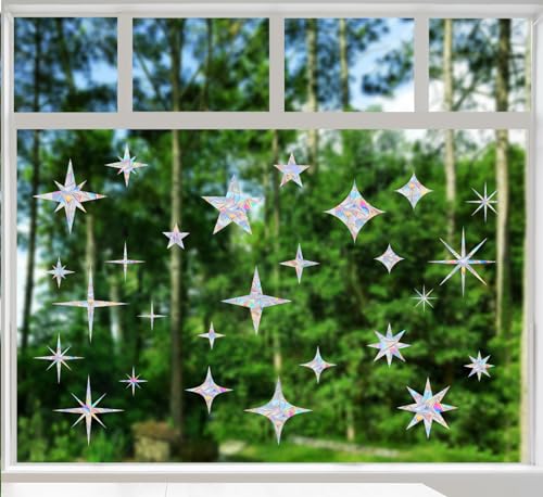 Image of 30 Pcs Star Ring Circle Window Clings - Anti-Collision Decals to Save Birds, Non-Adhesive Rainbow Stickers
