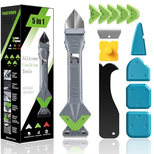 Silicone Caulking Tool Kit 5 in 1 Caulk Remover and Silicone Sealant Smoothing Finishing Tool with Grout Scraper & Adhesive Residue Remover Ideal for Bathroom Kitchen Window Door Seam Repair