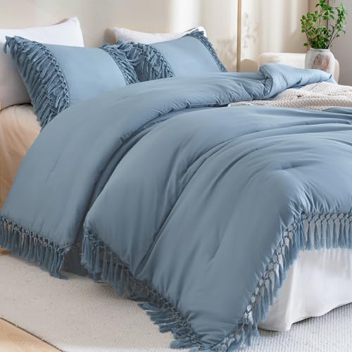 Image of Andency Grayish Blue Comforter Set Queen, 3 Pieces Boho Tassel Lightweight Soft Bedding Comforter Sets, All Season Fluffy Fringe Bed Set (90x90In Comforter & 2 Pillowcases)