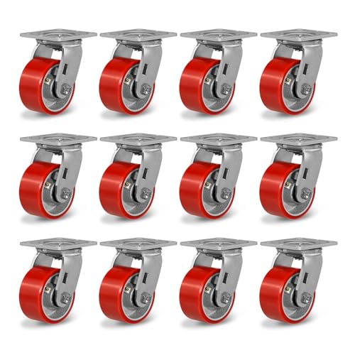 4" Caster Wheels, Polyurethane Industrial Caster Wheels Heavy Duty, Top Plate Swivel Casters(12 Swivel)
