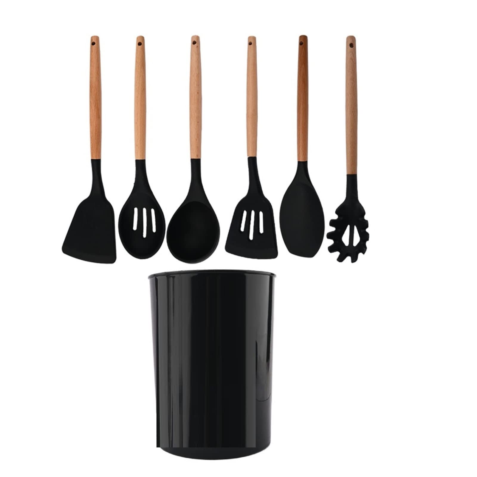 GTHTUHFD Cooking Spatulas And Spoons,Spoon Setcooking Utensils Set Silicone Kitchen Utensil Nonstick Cooking Utensils Wooden Handle Cookware Baking Gadget Set,Black 7pcs