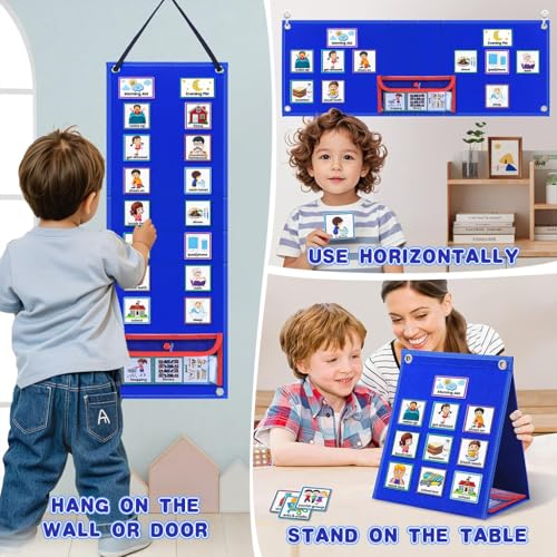 Image of PATPAT Flash Cards for Kids Visual Schedule Calendar Chart, 2 in 1 Foldable Autism Daily Chore Routine Chart with 96 Cards Montessori Learning Toys for 3+ Year Old Kids Wall Planner for Home School