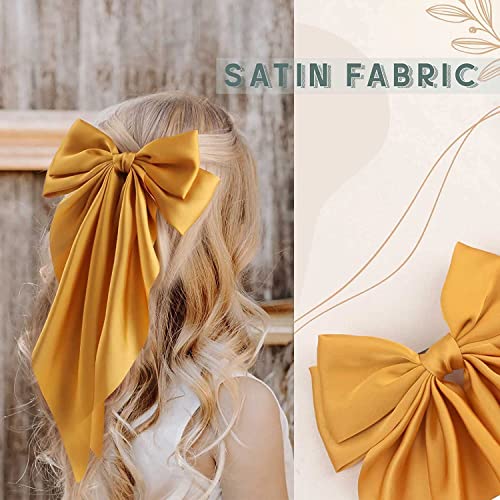 Image of FilterFashion Big Satin Layered Hair Bows for Women Girls 11.5 Inch Barrette Hair Clip Long Back Ribbon Bows French Style Hair Accessories (Mustard)