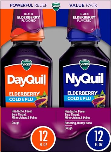 VICKS DayQuil & NyQuil Elderberry Flavor Cold & Flu Liquid Medicine Co-Pack, Multi-Symptom Relief of Headache, Fever, Sore Throat, Minor Aches & Pains, Sneezing, Runny Nose, and Cough, 2x12oz