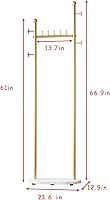 Vista 3 de Perchero de ropa dorado con estantes, perchero dorado independiente con base de mármol, perchero con árbol para sombreros y ropa de pie