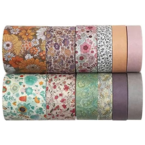 EnYan Vintage Floral Washi Tapes Set, 12 Rolls Flower Decoration Japanese Masking Writable Decorative Tapes for Bullet Journal Planners DIY Crafts Arts Scrapbooking Adhesive Cover