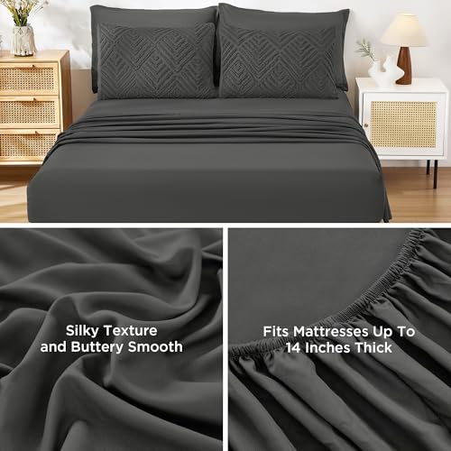 Image of Andency Oversized King Size Comforter Set 7 Pieces Dark Grey - Bed in a Bag Oversized King Boho Lightweight Fluffy Tufted Bedding Sets with Comforter, Sheets, Pillowcases & Shams