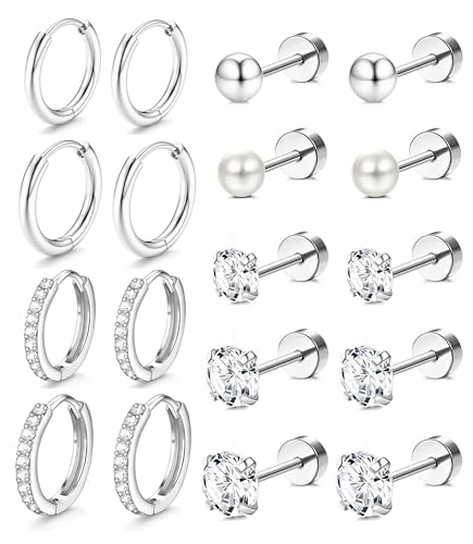 Incaton Hypoallergenic Flat Back Earrings Cartilage Earring Stacks Surgical Stainless Steel Earrings for Sensitive Ears Small Flatback Stud Hoop Earring Sets for Helix Tragus Multiple Piercing Jewelry Silver