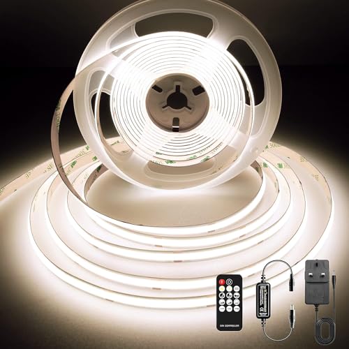 COB LED Strip Light 3m, 4000K COB LED Strip with Remote and Power Supply, DC24V, CRI92, 8mm Width, Dimmable LED Tape for Mood Lighting, Kitchen Cupboard Backlight, Natural White