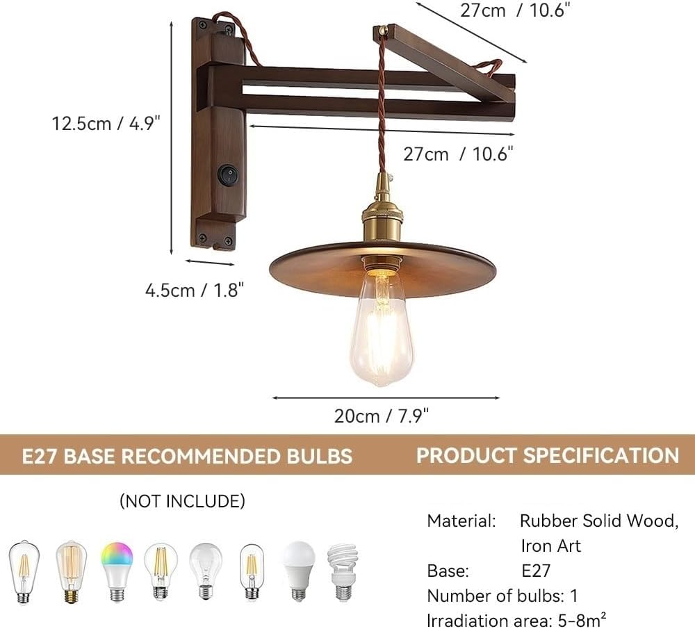 Mid Century Wood Swing Arm Wall Sconce, Adjustable Wall Lamp with Walnut Finish, Metal Shade and, Retro Industrial Farmhouse Reading Light for Bedroom, Study Room, Office Parlor