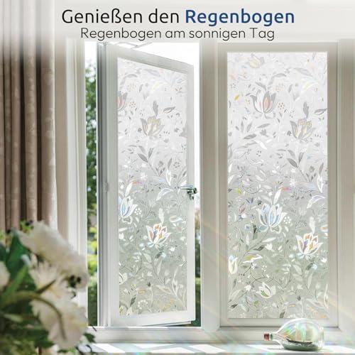 Image of rabbitgoo Window Privacy Film, Stained Glass Cling, Tulip 35.4 inch x 78.7 inch | Decorative Rainbow Sticker, Sun Blocking Heat Control, Renter-Friendly Static Cling Reusable Frosted Covering for Home Door