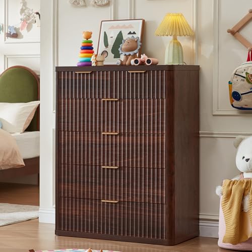 Image of LEYAOYAO Fluted 6 Drawers Dresser for Bedroom, 42 inch Tall Modern Chest of Drawers with Metal Handle, Curved Profile Design,Walnut Wood Drawer Organizer for Bedroom, Living Room, Hallway, Entryway