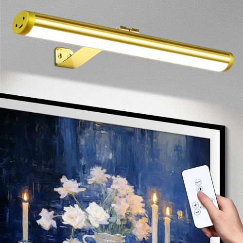 CHENBEN Lámparas de pared inalámbricas con mando a distancia,225° ajustable,4000mAh con batería,regulable/temporizador,17.12inch Lámparas de aluminio para cuadros/marcos/pósters,dorado