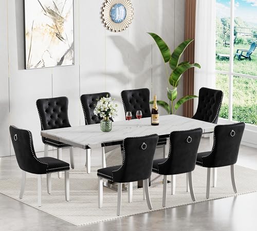 Image of 9-Piece Extendable Dining Table Set for 8, 63 inch-94 inch White Faux Marble Expandable Kitchen Table Set with 8 Black Velvet Chairs,Large Extendable Dining Room Tables with Mirrored Columnar Base
