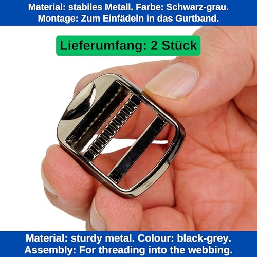 Stegschnalle, 2 Stück, 25 mm Breite, aus Metall, in Grau-Schwarz, für bis 25 mm breite Gurtbänder, Leiter Schnalle zum Einfädeln, Ersatz Steg Schnalle, Stegschnalle Reparatur, Rucksack Leiterschnalle