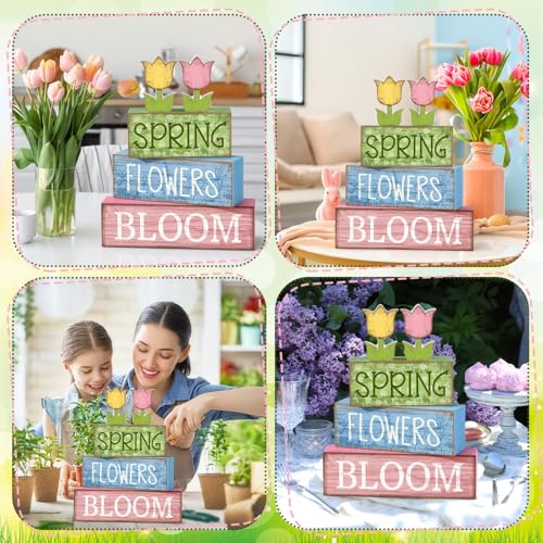 Image of Moucuny 4 Pcs Spring Table Decor Wooden Tulip Spring Tiered Tray Decor Flowers Table Centerpiece Decorative Colorful Tulip Block Signs Gift Farmhouse Flowers Decoration for Home Kitchen Shelf