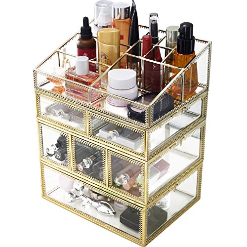 minopigo Antique Spacious Mirror Glass 6Drawers Vanity Tray Set/Gold Metal Cosmetic Makeup Storage/Stunning Jewelry Cube Organizer. It Consists of 4Separate Organizers Dustproof