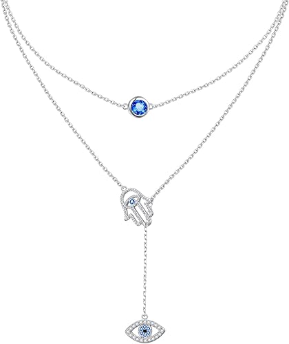 HOOHWE Collar contra el mal de ojo de plata de ley 925, collar de mano de Hamsa en capas y griego de Fátima, collar con dije de protección de la
