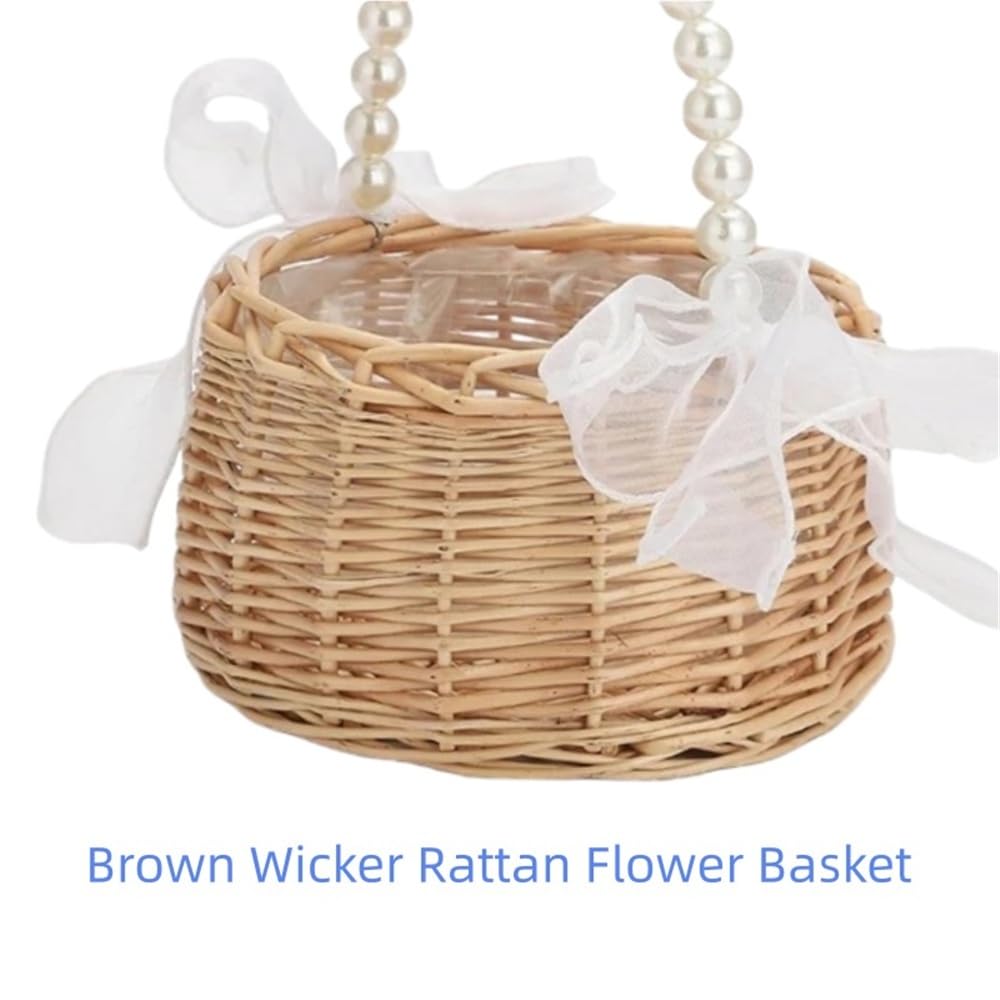 1 Stück brauner Weiden-Rattan-Blumenkorb, handgewebter Hochzeits-Weidenkorb mit Perlengriff und Schleife