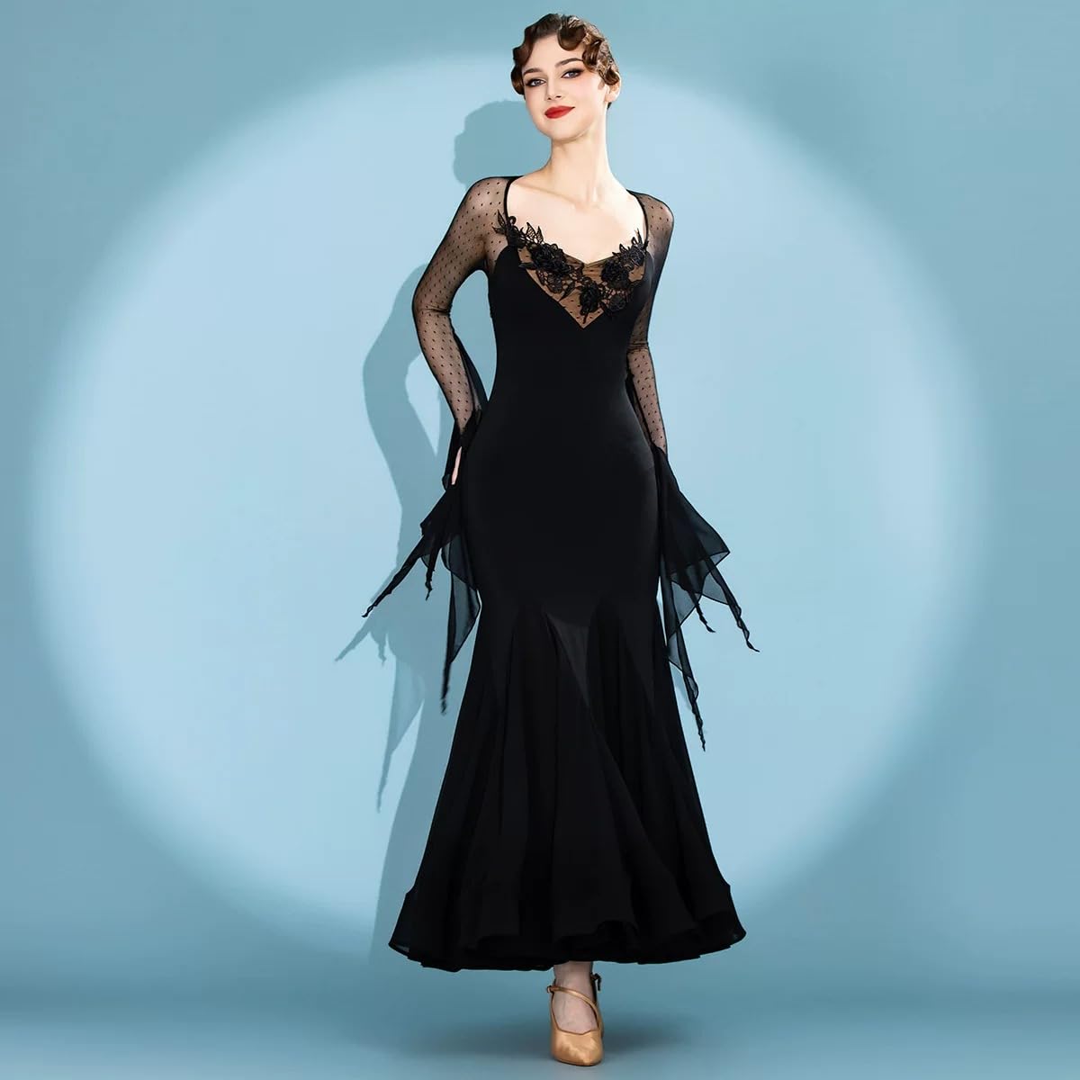 Abiti da Ballo da Sala per Donna con Pizzo Applicato, Scollo a V, Maniche Lunghe, Rete a Pois, Abito Liscio per Valzer, Tango, Ballo Moderno e Gare
