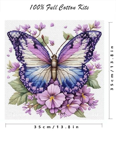 Image of askkqtx Butterfly Stamped Cross Stitch Kits for Adults 14x14 Inch | Flowers 11CT Needlepoint Counted Cross Stitch Kits for Beginner, Printed Embroidery Kit Art Craft for Home Wall Decor Gift