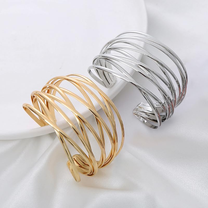 Twisted Cuff Bangle Bracelet for Women Trendy Multi-layer Wire Warp Bangle Bracelet Wide Open Chunky Cuff Bracelet, Gold & Rose Gold & Silver & Black & Copper4