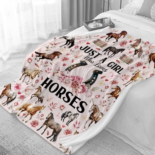 Horse Blanket for Girls Women,Just A Girl Who Loves Horses Flannel Blanket Gifts,Ultra Soft Pink Flowers Throw Decor for Bed Couch Living Room，40"x50"-Kids/Throw Size - image 6