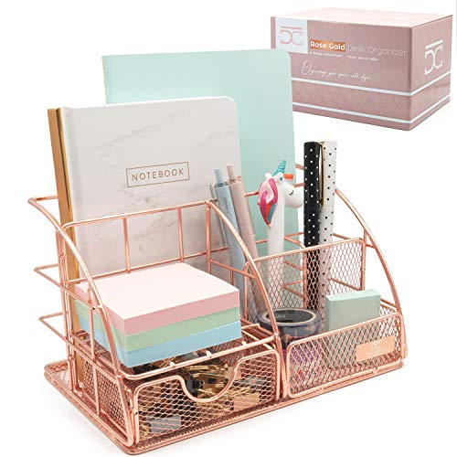 The Darcy Company Rose Gold Desk Organizer for Women, Mesh All in One Desktop Organization for Office Supplies and Accessories - Aesthetic Storage Home and Office Decor, Pen, Pencil, and Paper Holder 