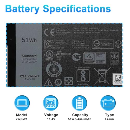 Image of 51Wh 7WNW1 Laptop Battery Replacement for Dell Latitude 5420 5424 7424 Rugged Extreme P85G P85G001 P86G P86G001 P137G P137G001 P137G002 Series DMF8C GK3D3 6NNCF DP3KF DMF0C 451-BCHV 11.4V