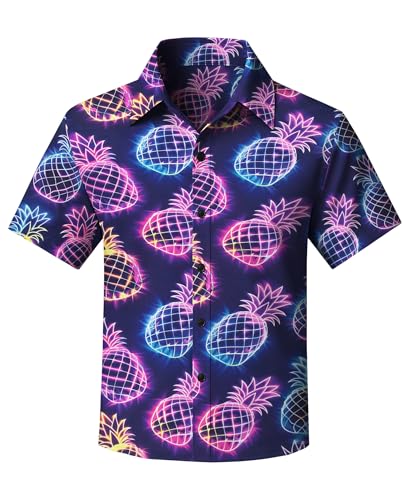 Yoimira Boys Hawaiian Shirt Neon Tropical Print Short Sleeve Button Down for Kids Age 7-14