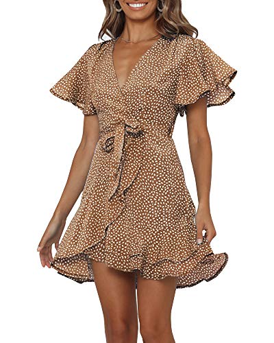 Chuanqi Womens Polka Dot Wrap V Neck Mini Dress Summer Beach Ruffles Hem Short Dresses with Belt