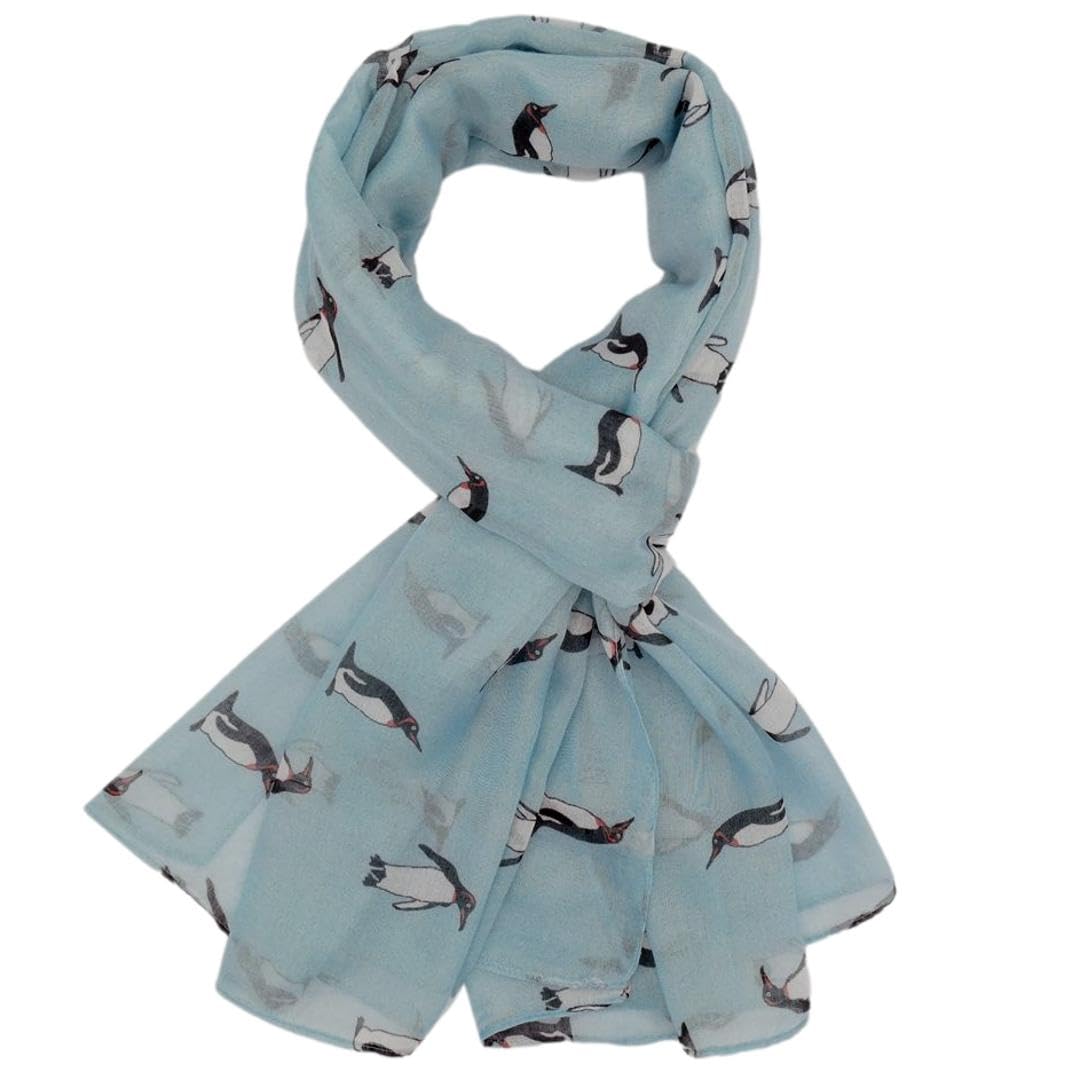 Purple Possum Women's Blue, Pale Blue, Light Blue, Duck Egg Blue Purple Possum® Penguin Scarf Light Blue Penguins Shawl Cute Large Bird Print Wrap Birds