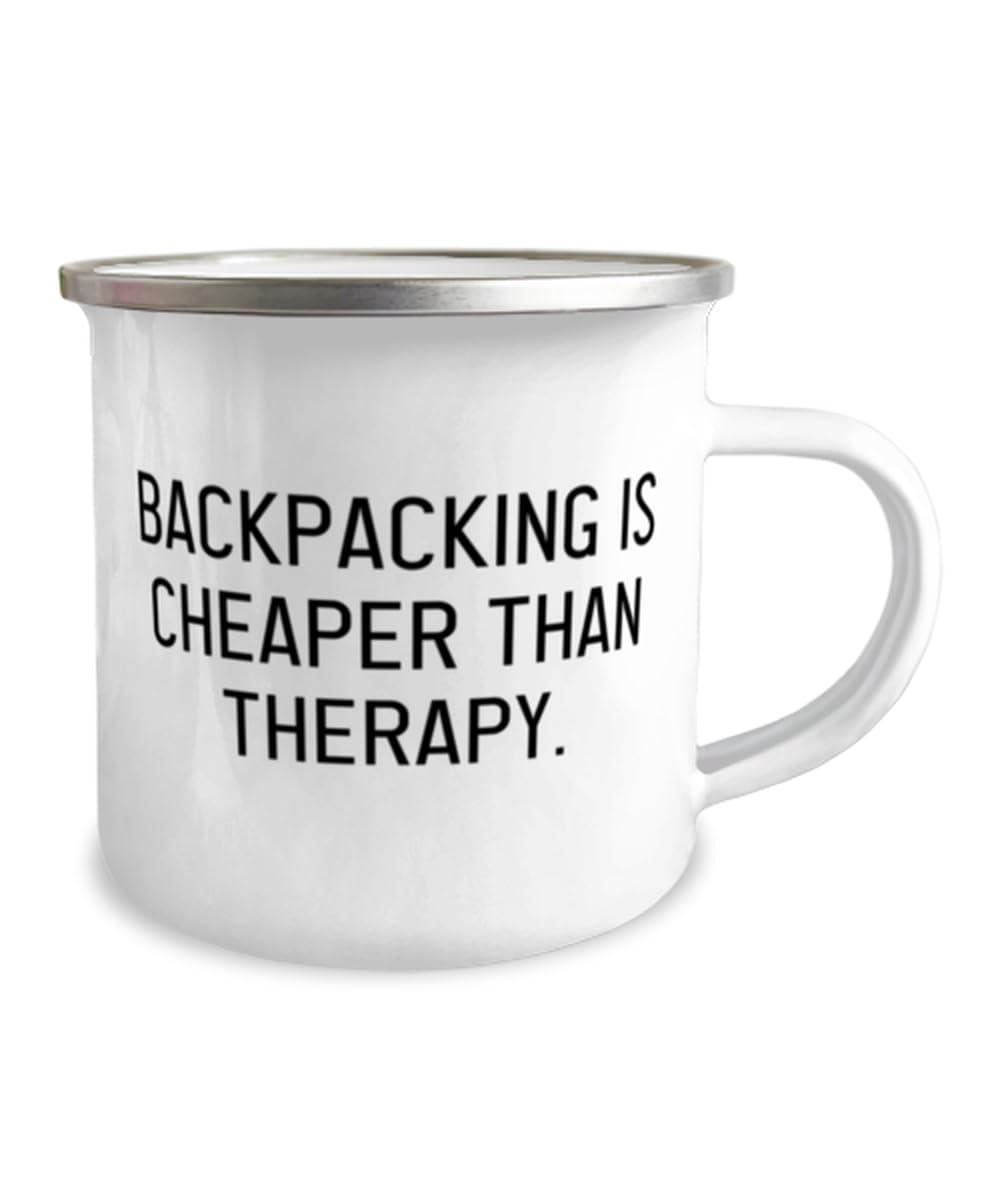 Unique Backpacking Gifts, Backpacking is Cheaper Than Therapy, Cool 12oz Camper Mug For Friends, From Friends, Hiking, Camping, Backpacking gear, Outdoor adventure, Nature lover