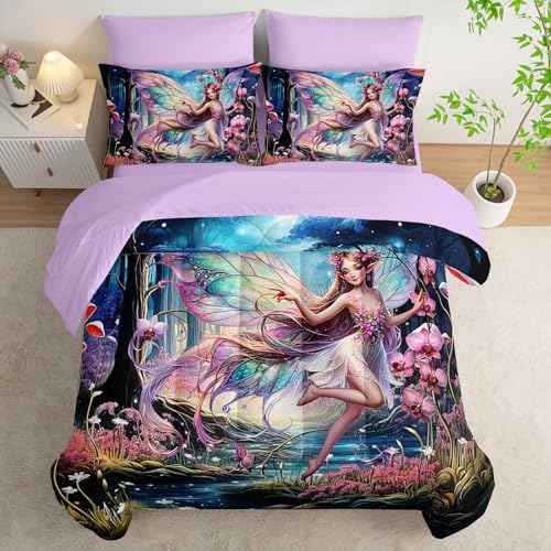 AILONEN Wunderschönes Bettwäsche-Set mit Schmetterlingsfee, 7-teilig, Zauberpilz-Bettwäsche-Set für Kinder, Geheimnisvolle Feenwald-Bettdecke, Spannbetttuch und Bettlaken, 2 Kissenbezüge, 2