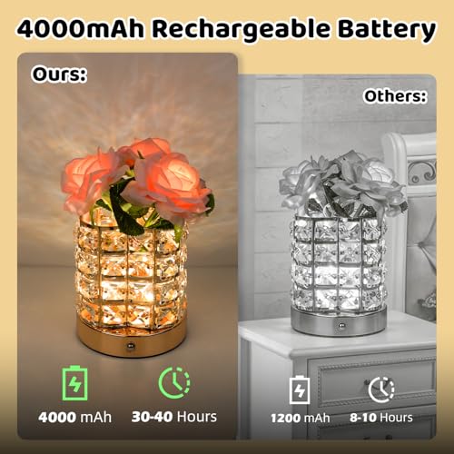 Image of 4000mAh Rechargeable Rose Lamp, Cordless Bedside Nightstand Light
