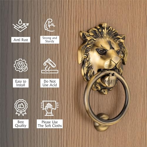 Image of COMPASS Lion Mouth Brass Home Decor | Door Decor | Door Knocker with Antique Finish | 7 inch | Pack of 1