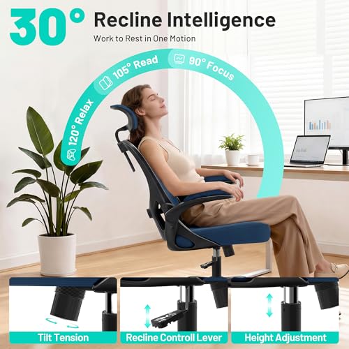 Image of AreShark Office Chair - Ergonomic Desk Chair Breathable Mesh Chair with 2D Headrest & Adjustable Lumbar Support - Executive High Back Rolling Swivel Computer Gaming Chair with Wheels Flip-up Armrests