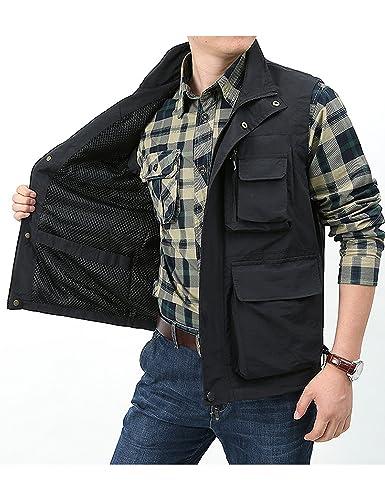 Vanchenl Herren Casual Leichtgewicht Utility Weste Outdoor Angeln Safari Gilet Cargo Schießen Reise Weste mit Taschen Schwarz L