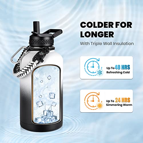 Image of RAYMYLO Insulated Water Bottle 64 oz, Triple Wall Vacuum Stainless Steel (Cold for 48 Hrs), Leak Proof & Non-BPA, Half Gallon Water Flask Jug with Paracord Handle & Straw Spout Lids, White /Black