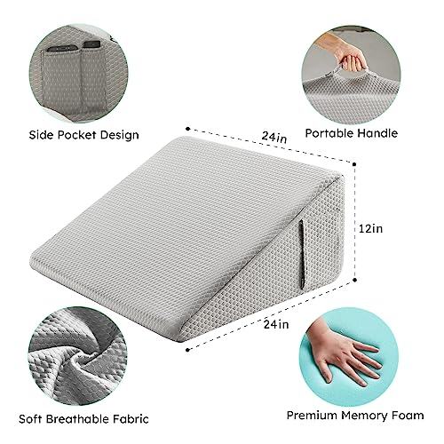 Image of Bedluxe Wedge Pillow,12 inch Bed Wedge Pillow for Headboard, Pillow Wedge for Acid Reflux Relief, Sleeping, After Surgery, Snoring, Gerd, Triangle Pillow Wedge - Cooling Memory Foam Top, Grey