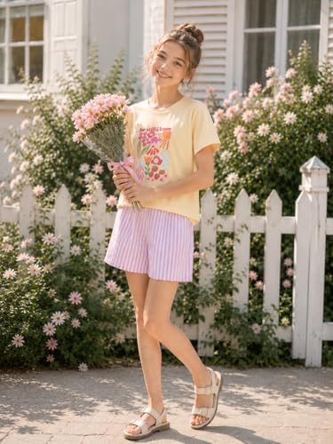 Image of Teen Girls Clothes 2 Piece Graphic T Shirt & Striped Shorts Outfit Set Summer Back to School Clothes Size 7-14