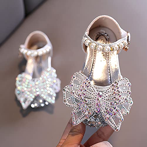 Girls White Dress Shoes Spring and Summer Girls Sandals Dress Performance Dance Shoes Pearl Rhinestone Bow Shoes (Silver #1, 9 Toddler)3